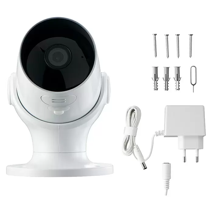 Hama Wifi Überwachungskamera 176645 - Erfassungswinkel: 110 ° - Weiße WLAN-Überwachungskamera mit Montagezubehör, SIM-Tool, Netzteil und Ladekabel.