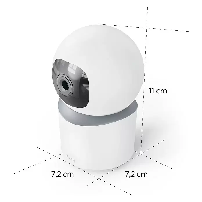Hama Wifi Überwachungskamera - Erfassungswinkel: 100 ° - Weiße Hama Smart-Überwachungskamera mit sphärischem Oberteil, zylindrischem Sockel und grauem Objektiv. Höhe 11 cm, Basis 7,2 cm breit.