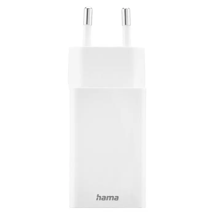 Hama USB-Adapter Schnellladegerät USB-C+A - Weiß, 45 W - Weißes Hama Netzteil mit zwei silbernen Stiften zum Laden von Geräten.