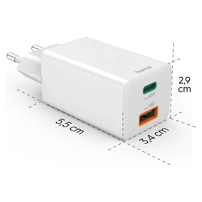 Hama USB-Adapter Schnellladegerät USB-C+A - Weiß, 45 W - Weißes Hama Netzteil mit zwei Anschlüssen (45W USB-C, 18W USB-A) und EU-Stecker. Maße: 5,5 x 3,4 x 2,9 cm.
