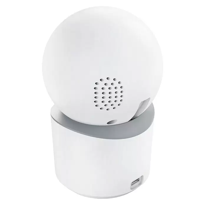 Hama Wifi Überwachungskamera - Erfassungswinkel: 100 ° - Weiße Smart-Kamera mit kugelförmigem Oberteil und zylindrischer Basis, mit Lautsprechergitter und USB-C-Anschluss.