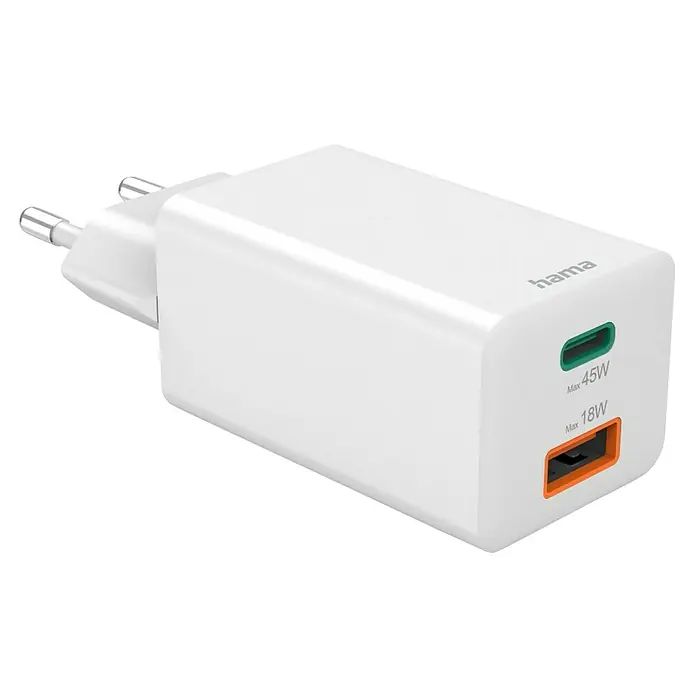 Hama USB-Adapter Schnellladegerät USB-C+A - Weiß, 45 W - Nahaufnahme eines weißen Hama-Ladegeräts mit USB-C- und USB-A-Anschlüssen, das schnelles und effizientes Aufladen für verschiedene Geräte ermöglicht.