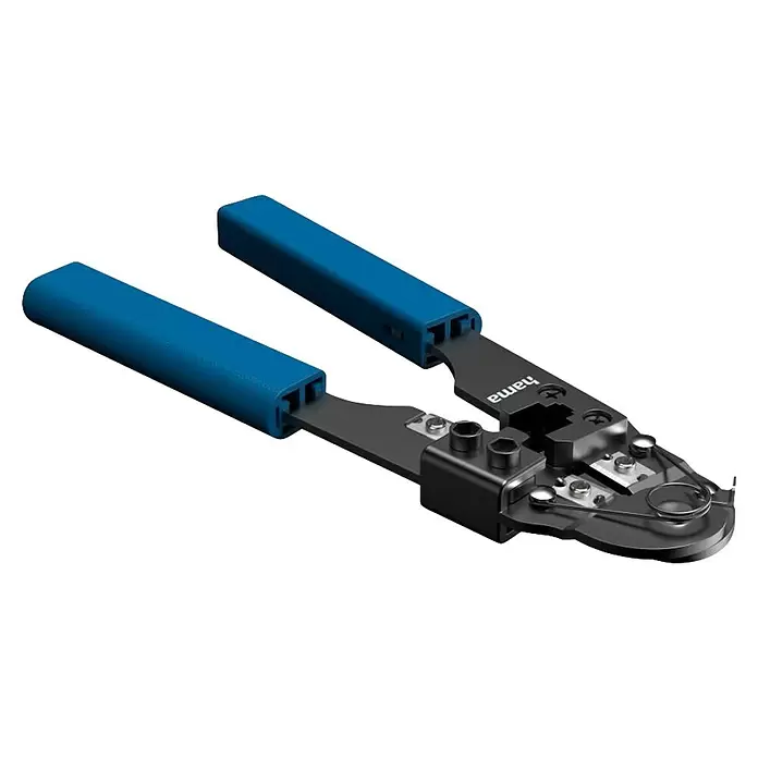 Hama Crimpzange - Passend für: Zum Kürzen, Abisolieren und Crimpen von Netzwerkkabeln - Schwarze Crimpzange mit blauen Griffen für Netzwerkkabel und RJ-Stecker.