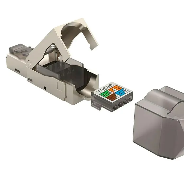 Hama Netzwerk-Stecker CAT-6a 10 Gbit/s 5 Stück - RJ45-Buchse, Grau, 5 Stk. - Abgebildet ist ein RJ45-Stecker mit einer farbcodierten T568B-Verdrahtung, bereit für die Installation in Netzwerkverbindungen.