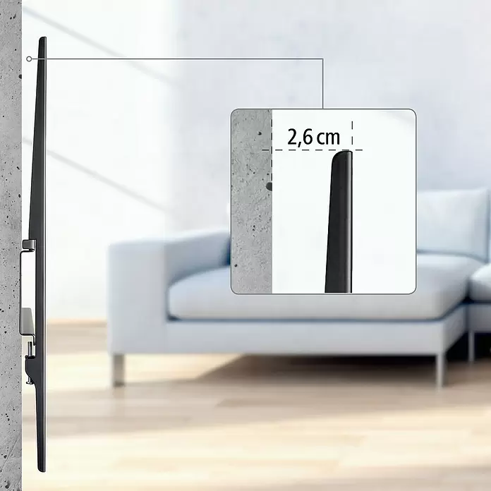Hama TV-Wandhalterung starr - Passend für: Bildschirmgröße: 94 - 229 cm (37" - 90") bis 100 kg - Schlanke TV-Wandhalterung, die einen schwarzen Fernseher mit nur 2,6 cm Abstand zur Wand sichert.