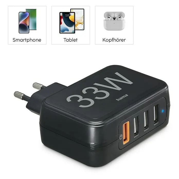 Hama USB-Adapter Schnellladegerät 4x USB-A 33W - Schwarz, USB A-Stecker - Das Bild zeigt ein schwarzes Hama 33W Ladegerät mit mehreren USB-Anschlüssen und passenden Geräten wie Smartphone, Tablet und Kopfhörer.