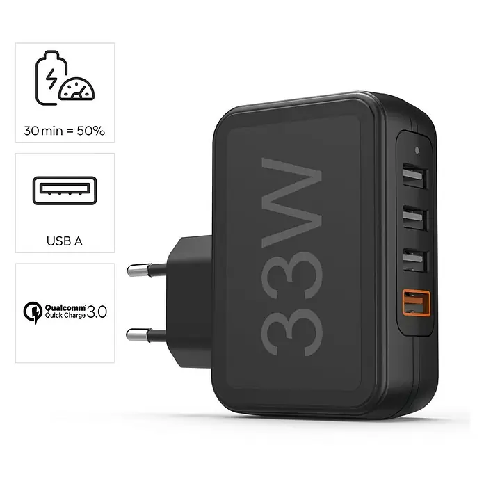 Hama USB-Adapter Schnellladegerät 4x USB-A 33W - Schwarz, USB A-Stecker - Das Bild zeigt ein schwarzes 33W USB-Ladegerät mit mehreren USB-A Anschlüssen, das schnelles Aufladen unterstützt und kompakt ist.