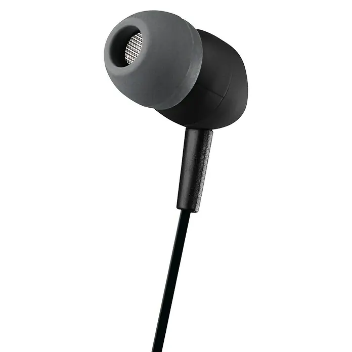 Hama In Ear Kopfhörer Kooky mit Mikrofon - Kabellänge: 1,2 m, Schwarz - Nahaufnahme eines schwarzen In-Ear-Kopfhörers mit grauem Ohrstöpsel vor schwarzem Hintergrund.