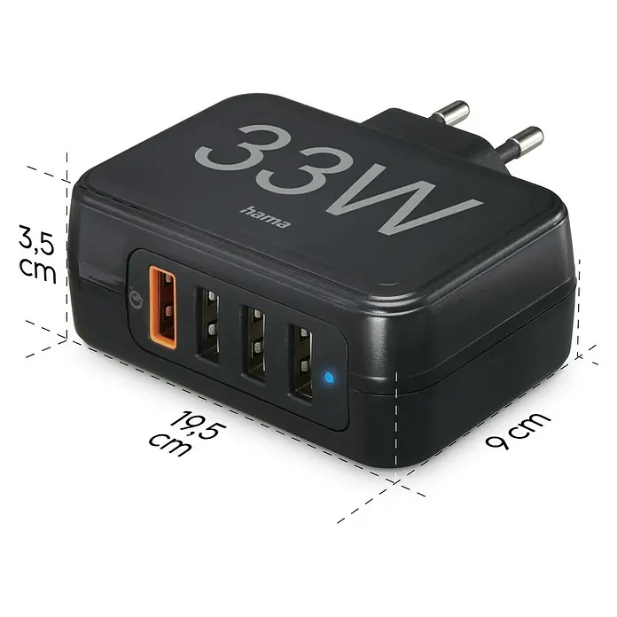 Hama USB-Adapter Schnellladegerät 4x USB-A 33W - Schwarz, USB A-Stecker - Produktdarstellung eines schwarzen Hama 33W USB-Ladegeräts mit vier USB-Anschlüssen und den Maßen 19,5 x 9 x 3,5 cm.