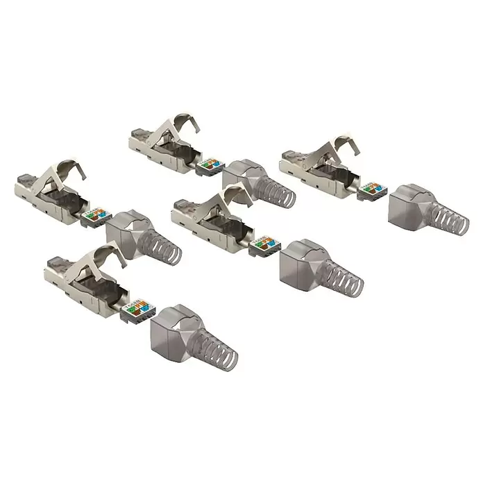 Hama Netzwerk-Stecker CAT-6a 10 Gbit/s 5 Stück - RJ45-Buchse, Grau, 5 Stk. - Mehrere zerlegte metallische RJ45 Feldkonfektionierbare Stecker mit Adernführung und Zugentlastung.