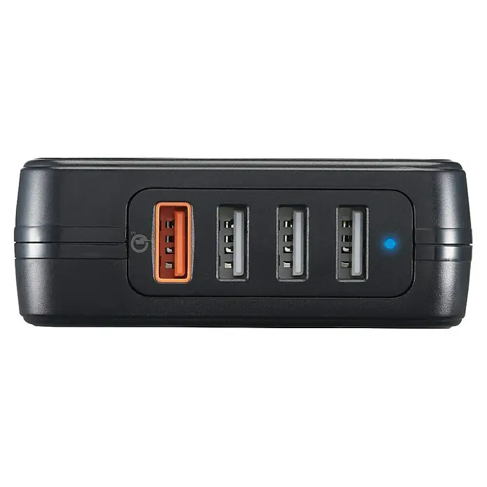 Hama USB-Adapter Schnellladegerät 4x USB-A 33W - Schwarz, USB A-Stecker - Nahaufnahme eines schwarzen USB-Ladegeräts mit vier Anschlüssen und einer orangefarbenen Schnellladebuchse. Blaue LED-Betriebsanzeige.
