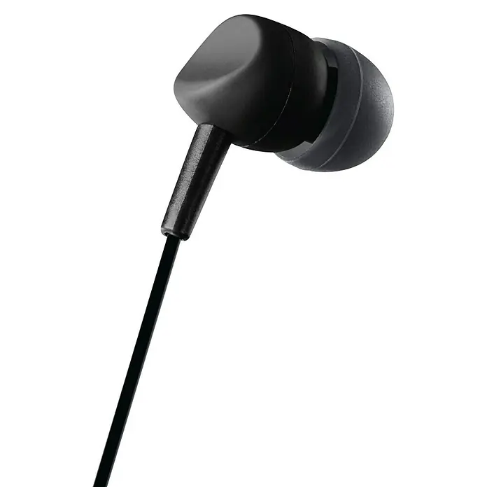 Hama In Ear Kopfhörer Kooky mit Mikrofon - Kabellänge: 1,2 m, Schwarz - Nahaufnahme eines schwarzen In-Ear-Kopfhörers mit Kabel auf dunklem Hintergrund. Das schlanke Design sorgt für angenehmen Tragekomfort.