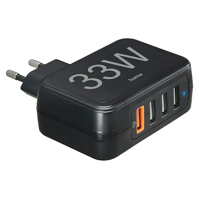 Hama USB-Adapter Schnellladegerät 4x USB-A 33W - Schwarz, USB A-Stecker - Produktbild eines schwarzen Hama 33W USB-Ladegeräts mit vier Anschlüssen für schnelles und effizientes Aufladen von Geräten.