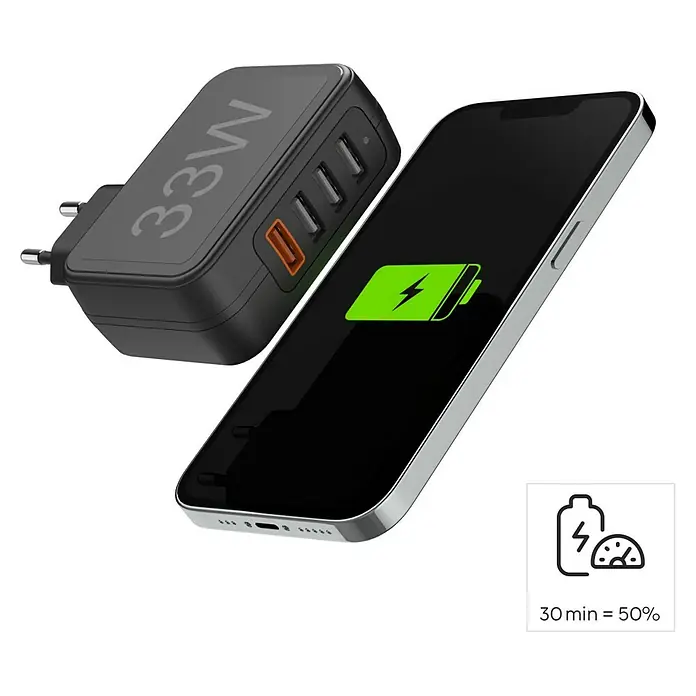 Hama USB-Adapter Schnellladegerät 4x USB-A 33W - Schwarz, USB A-Stecker - Ein 33W Ladegerät mit mehreren USB-Anschlüssen und ein Smartphone, das den Ladevorgang anzeigt. Ideal zum schnellen und effizienten Aufladen.