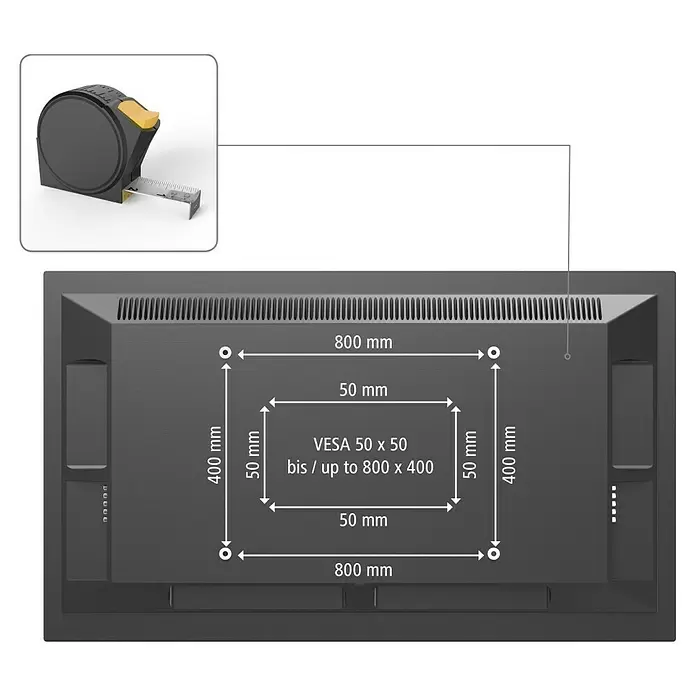 Hama TV-Wandhalterung starr - Passend für: Bildschirmgröße: 94 - 229 cm (37" - 90") bis 100 kg - Rückseite eines dunklen Displays mit VESA-Halterungsmustern von 50x50 mm bis 800x400 mm, dazu ein Maßband.