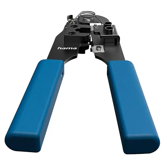 Hama Crimpzange - Passend für: Zum Kürzen, Abisolieren und Crimpen von Netzwerkkabeln - Schwarze und blaue Netzwerk-Crimpzange mit ergonomischen Griffen.