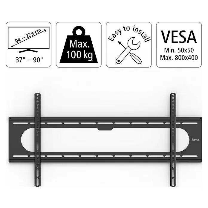 Hama TV-Wandhalterung starr - Passend für: Bildschirmgröße: 94 - 229 cm (37" - 90") bis 100 kg - Schwarze Metall-TV-Wandhalterung für 37-90 Zoll TVs, max. 100 kg, VESA min. 50x50 bis max. 800x400, einfache Montage.