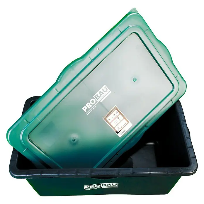 Deckel für Mörtelkasten 90 l - 81 x 51,5 cm, Griffmulden - Ein grüner Probau Mörtelkübel mit Deckel, ideal für Bauarbeiten und Renovierungen. Praktisch und robust für jeden Einsatz.