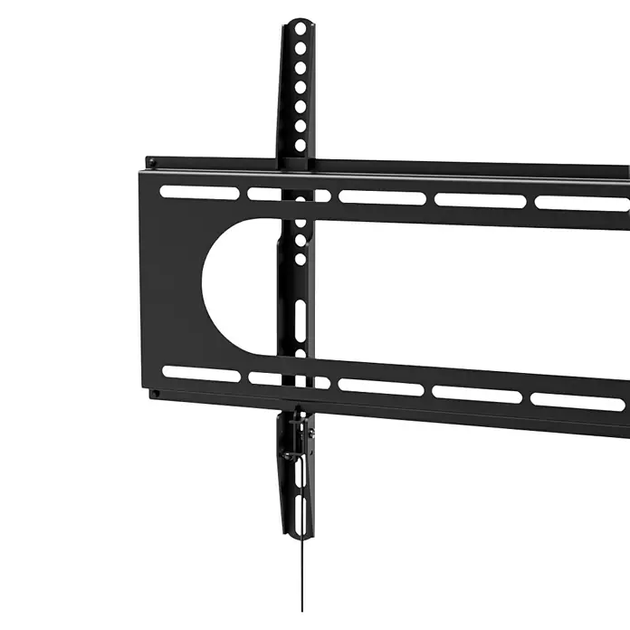 Hama TV-Wandhalterung starr - Passend für: Bildschirmgröße: 94 - 229 cm (37" - 90") bis 100 kg - Nahaufnahme einer schwarzen TV-Wandhalterung mit zahlreichen Löchern zur einfachen Montage. Ideal für die sichere Anbringung Ihres Fernsehers.