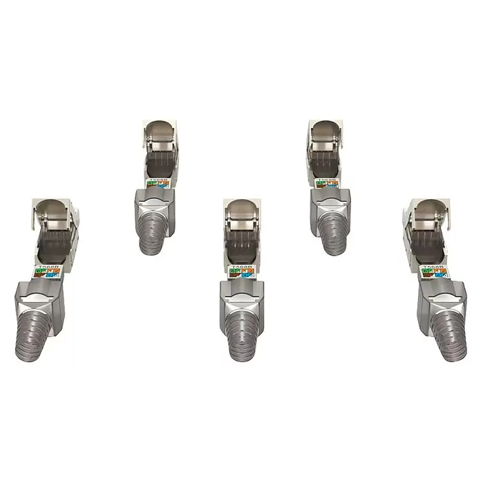 Hama Netzwerk-Stecker CAT-6a 10 Gbit/s 5 Stück - RJ45-Buchse, Grau, 5 Stk. - Fünf silberne Ethernet RJ45 Keystone-Buchsen mit sichtbarer T568B-Verdrahtung.