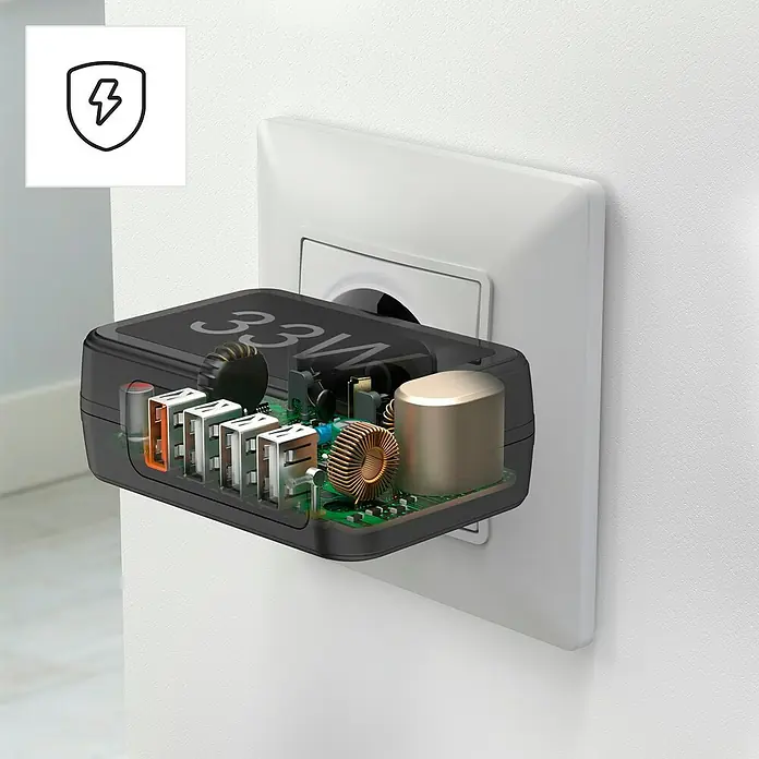 Hama USB-Adapter Schnellladegerät 4x USB-A 33W - Schwarz, USB A-Stecker - Nahaufnahme eines 33W-Ladegeräts in einer Steckdose, mit transparentem Gehäuse, das interne Komponenten wie USB-Anschlüsse und Spulen zeigt.