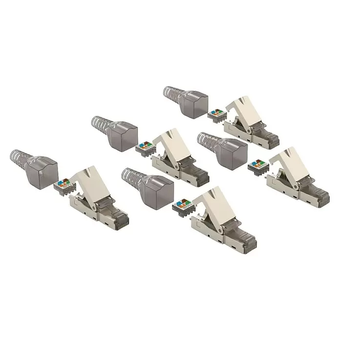 Hama Netzwerk-Stecker CAT-6a 10 Gbit/s 5 Stück - RJ45-Buchse, Grau, 5 Stk. - Zerlegte RJ45-Feldkonfektionierbare Stecker mit Metallgehäuse, cremefarbenem Hebel, klaren Tüllen und sichtbaren Aderanschlussblöcken.