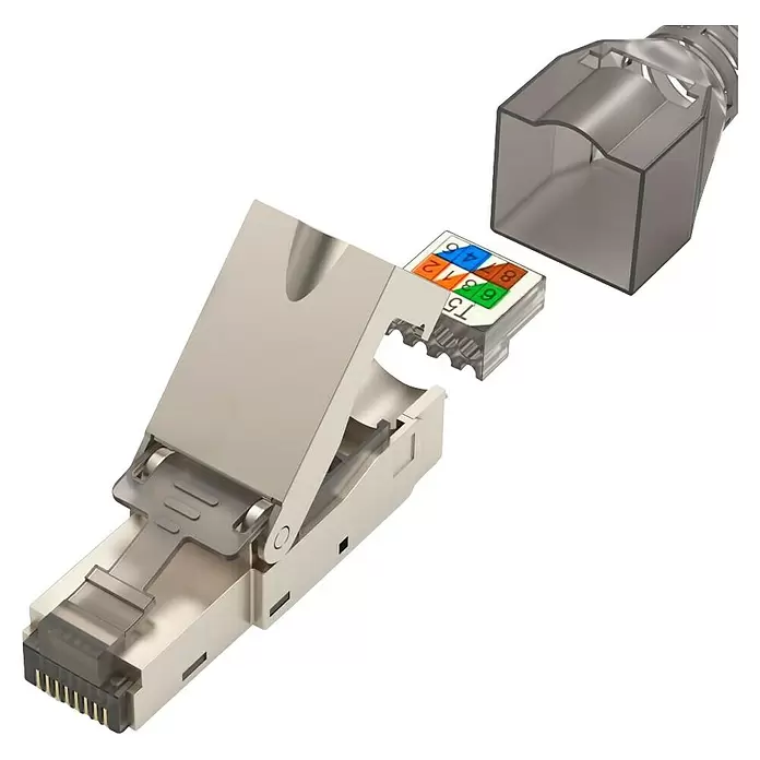 Hama Netzwerk-Stecker CAT-6a 10 Gbit/s 5 Stück - RJ45-Buchse, Grau, 5 Stk. - Zerlegter metallischer RJ45-Netzwerkstecker mit farbcodierter Aderführung und transparenter Schutzkappe.