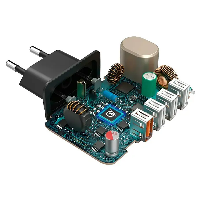 Hama USB-Adapter Schnellladegerät 4x USB-A 33W - Schwarz, USB A-Stecker - Aufgeschnittener Mehrfach-USB-Wandadapter mit europäischem Stecker und Einblick in die Elektronik.