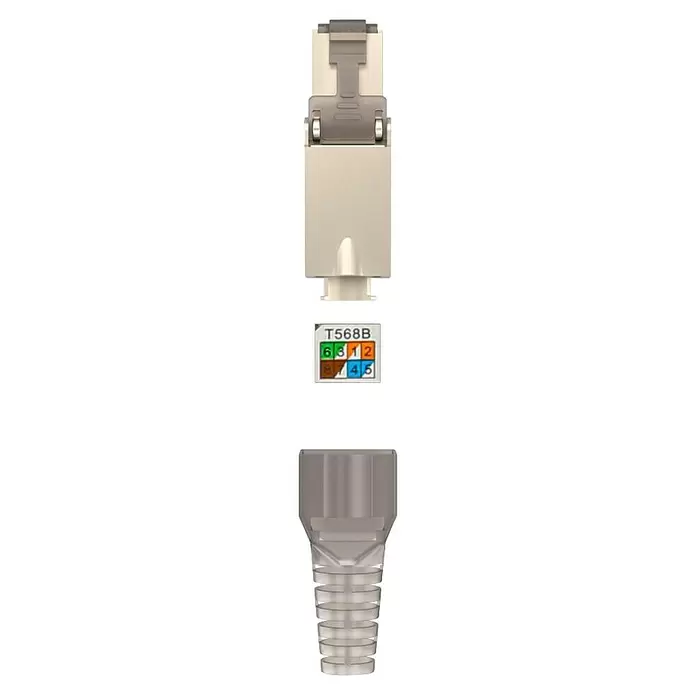 Hama Netzwerk-Stecker CAT-6a 10 Gbit/s 5 Stück - RJ45-Buchse, Grau, 5 Stk. - Zerlegter beiger RJ45-Stecker mit grauer Arretierung, T568B-Verdrahtungseinsatz und transparenter grauer Zugentlastung für Netzwerkkabel.