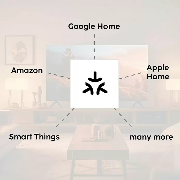 Hama Funksteckdose WLAN-Steckdose Matter - Weiß, Max. Anschlussleistung: 3.680 W, 1 Stk. - Matter-Logo, ein zentrales Symbol, das verschiedene Smart-Home-Plattformen wie Google Home, Amazon und Apple Home verbindet.