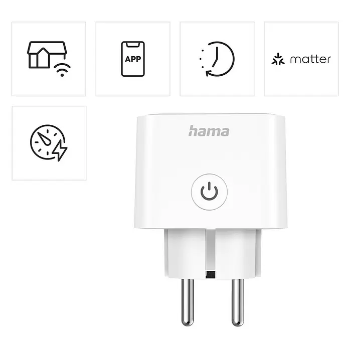 Hama Funksteckdose WLAN-Steckdose Matter - Weiß, Max. Anschlussleistung: 3.680 W, 1 Stk. - Weißer Hama Smart Plug mit Eurostecker, App-Steuerung, Zeitplanung, Matter-Unterstützung und Energiemonitoring-Symbolen.