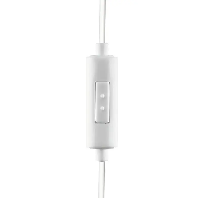 Hama In Ear Kopfhörer Kooky mit Mikrofon - Kabellänge: 1,2 m, Weiß - Nahaufnahme der weißen Fernbedienung mit Tasten an einem weißen Kabel für Kopfhörer.