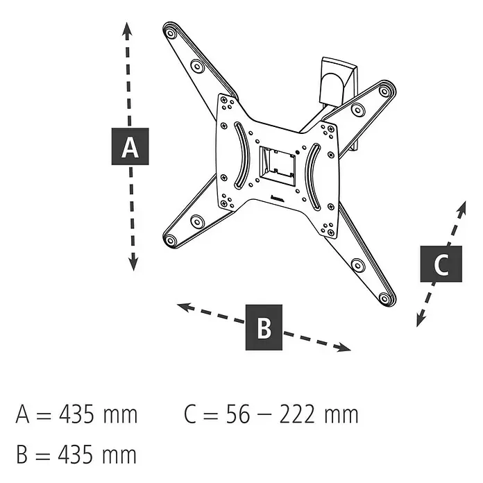 Hama TV-Wandhalterung schwenkbar, neigbar - Passend für: Bildschirmgröße: 81 - 165 cm (32"- 65") bis 20 kg - Schwarze VESA TV-Wandhalterung aus Metall mit Maßen: A=435mm, B=435mm, C=56-222mm.