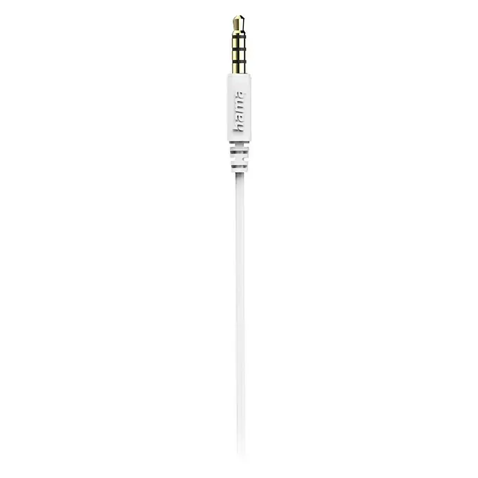 Hama In Ear Kopfhörer Kooky mit Mikrofon - Kabellänge: 1,2 m, Weiß - Nahaufnahme eines weißen Hama Audiokabels mit vergoldetem 3,5-mm-Stecker, ideal für hochwertige Audioübertragung.