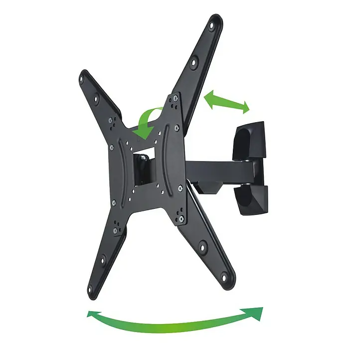 Hama TV-Wandhalterung schwenkbar, neigbar - Passend für: Bildschirmgröße: 81 - 165 cm (32"- 65") bis 20 kg - Nahaufnahme einer schwarzen, verstellbaren TV-Wandhalterung mit grünen Bewegungspfeilen, die Flexibilität und einfache Installation demonstrieren.