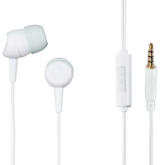 Hama In Ear Kopfhörer Kooky mit Mikrofon - Kabellänge: 1,2 m, Weiß - Nahaufnahme von weißen Hama In-Ear-Kopfhörern mit Kabel, Lautstärkeregler und vergoldetem Stecker.