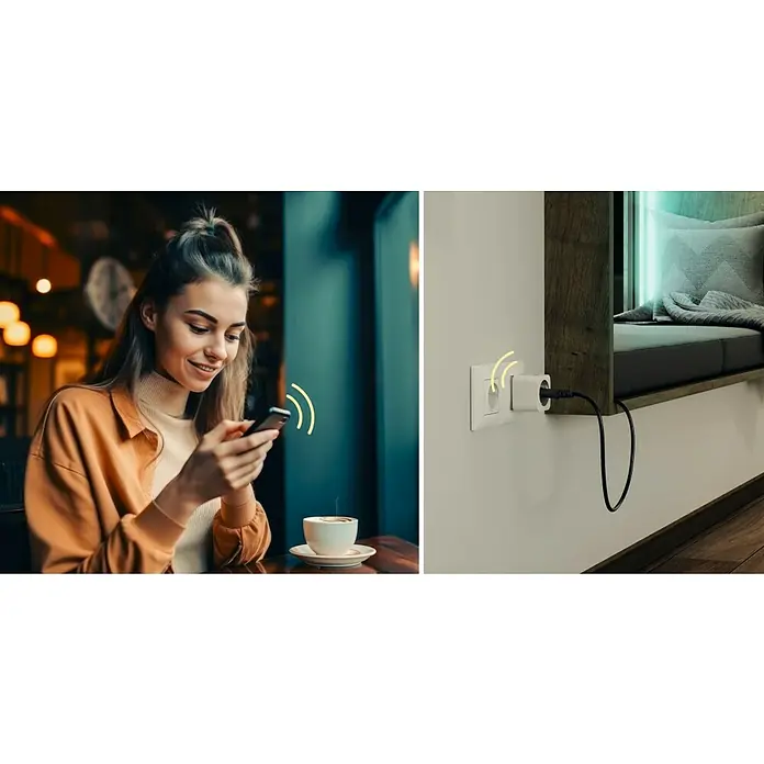 Hama Funksteckdose WLAN-Steckdose Matter - Weiß, Max. Anschlussleistung: 3.680 W, 1 Stk. - Das Bild zeigt eine Frau mit einem Smartphone und einen intelligenten Stecker, der in eine Steckdose gesteckt ist und durch WLAN verbunden ist.