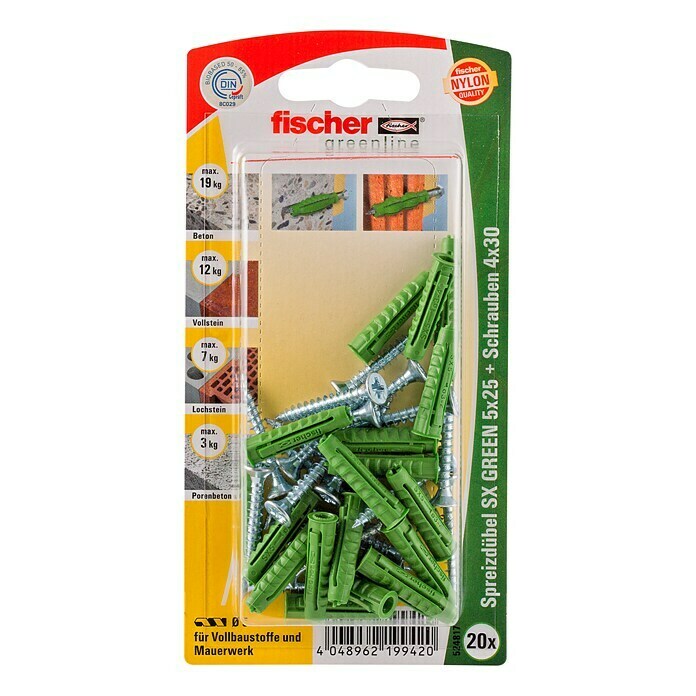 Fischer Spreizdübel-Set SX Green S  (Ø x L: 5 x 25 mm, Spanplattenschraube, Nylon, 20 Stk.)