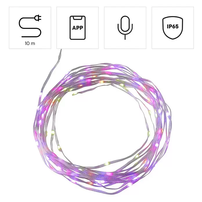 Hama Wifi Smart-LED-Lichterkette IP65 - Innen, 10 m, Lichtfarbe: Mehrfarbig, 100 Stk., Netzbetrieben - Aufgerollte 10m mehrfarbige LED-Lichterkette, app-steuerbar, klangaktiviert und IP65 wetterfest.