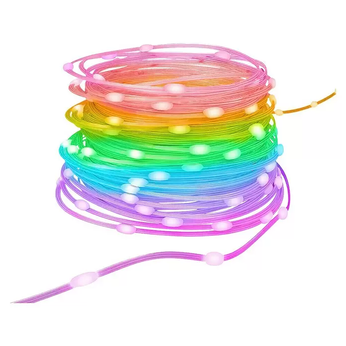 Hama Wifi Smart-LED-Lichterkette IP65 - Innen, 10 m, Lichtfarbe: Mehrfarbig, 100 Stk., Netzbetrieben - Regenbogenfarbene LED-Lichterkette, zu einem Stapel gewickelt, mit kleinen, leuchtenden Birnen entlang des mehrfarbigen Drahtes.
