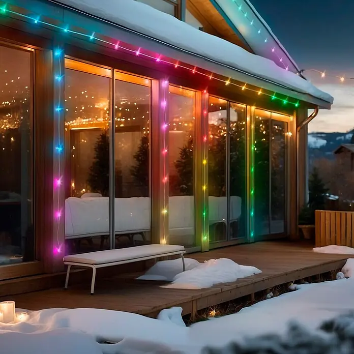 Hama Wifi Smart-LED-Lichterkette IP65 - Innen, 10 m, Lichtfarbe: Mehrfarbig, 100 Stk., Netzbetrieben - Farbenfrohe Lichterkette ziert die Fassade eines Hauses mit Schnee bedeckter Terrasse. Die Lichter sorgen für festliche Stimmung im Winter.