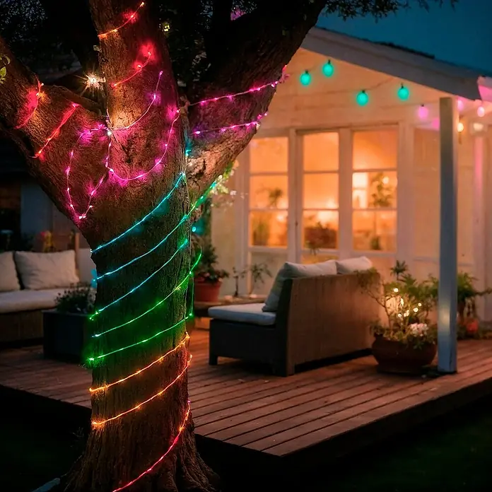 Hama Wifi Smart-LED-Lichterkette IP65 - Innen, 10 m, Lichtfarbe: Mehrfarbig, 100 Stk., Netzbetrieben - Baum mit bunten Lichtern umwickelt, der eine warme und festliche Atmosphäre im Garten schafft. Perfekt für entspannte Abende.