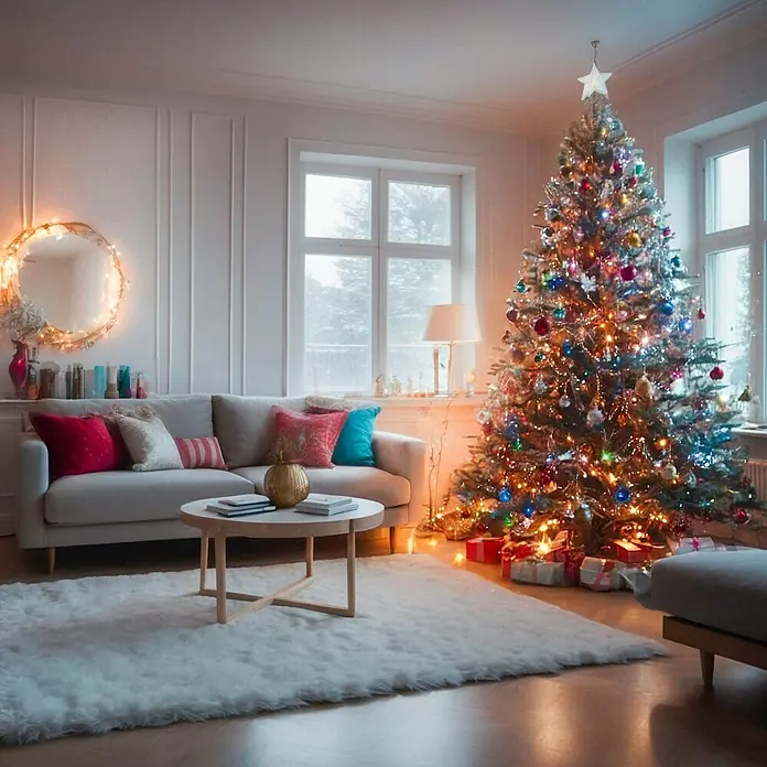 Hama Wifi Smart-LED-Lichterkette IP65 - Innen, 10 m, Lichtfarbe: Mehrfarbig, 100 Stk., Netzbetrieben - Festlich geschmücktes Wohnzimmer mit Weihnachtsbaum, Sofa und Teppich. Das Ambiente strahlt Wärme und Behaglichkeit aus.