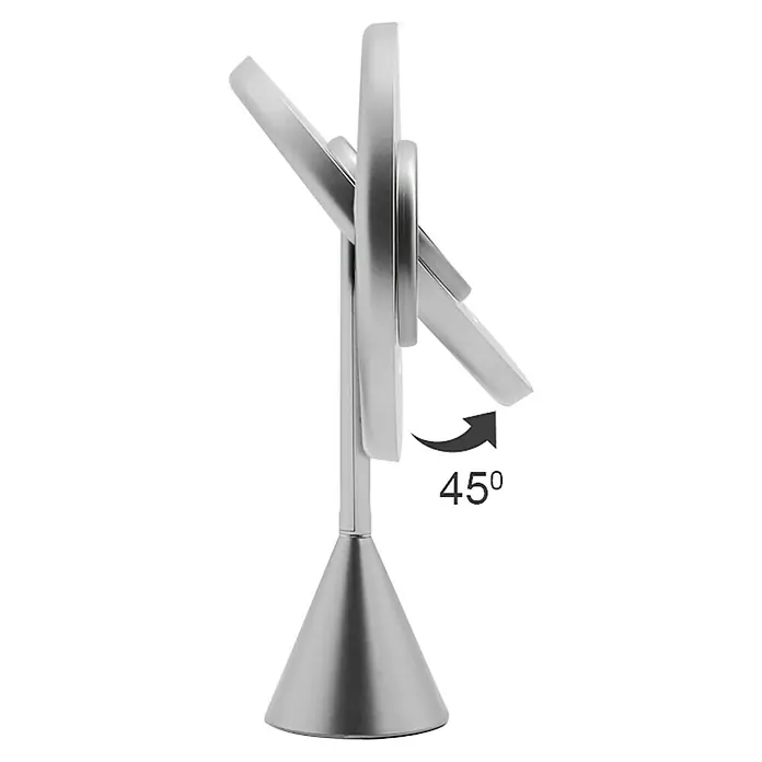 Tauro Baño Espejo cosmético 3 luces - 21 x 34 cm, Diámetro: 20 cm, Redonda, Plata, Aumento 1: 700 % - La imagen muestra un espejo de maquillaje ajustable con un elegante acabado plateado que se puede inclinar hasta 45 grados.