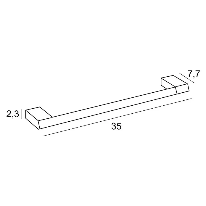 Tauro Baño Evo Toallero de barra - 35 cm, Cromo - Ilustración de un tirador de mueble con dimensiones 2,3, 7,7 y 35. El tirador se muestra en una vista en perspectiva.