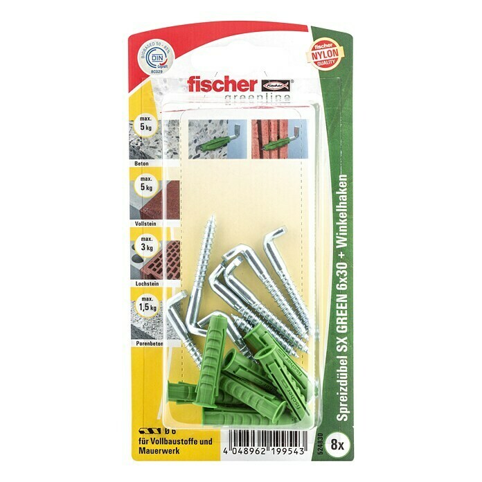 Fischer Spreizdübel-Set SX Green WH KØ x L: 6 x 30 mm, Winkelhaken, 8 Stk. Front View