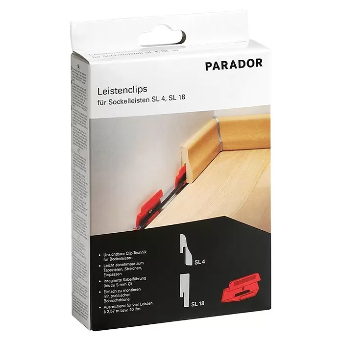 Parador Leistenclip - 24 Stk. - Weiße PARADOR-Verpackung für Sockelleistenclips (SL 4, SL 18), mit roten Clips und Bohrschablone abgebildet.