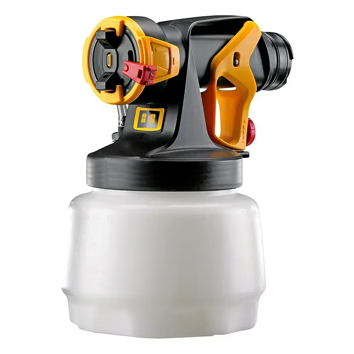 Wagner Sprühaufsatz Wall EXTRA 1300 I-Spray - Passend für: Wagner Farbsprühsystem Universal Sprayer & Wall Sprayer, Geeignet für: Wandfarben - Eine detailreiche Aufnahme einer Farbspritzpistole mit Behälter, die für präzise Lackierarbeiten konzipiert ist.
