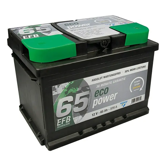 Cartec Autobatterie - 65 Ah, Spannung: 12 V - Nahaufnahme einer schwarzen Eco Power 65 EFB Autobatterie mit grünen Schutzkappen und technischen Details.