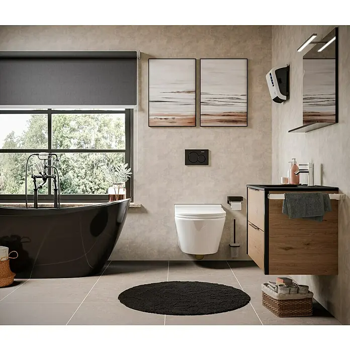 Camargue Empire Wand-WC 2.0 - Spülrandlos, Ohne Spezialglasur, Spülform: Tief, WC Abgang: Waagerecht, Weiß - Elegantes Badezimmer mit freistehender Badewanne, Wand-WC und Waschtisch mit Holzfront. Moderne Gestaltung für stilvolles Ambiente.